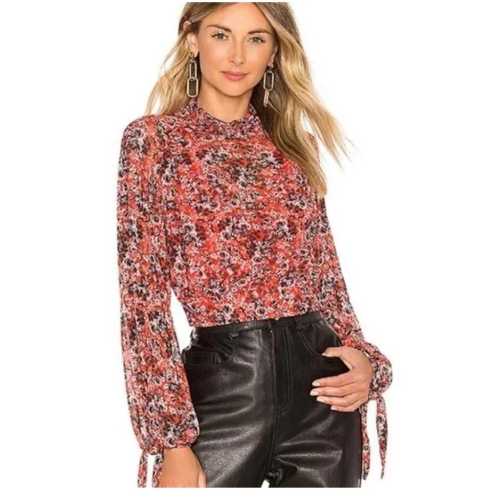Free People Women’s Sz S Red Floral Mesh Top Cropped Long Sleeve All Dolled Up